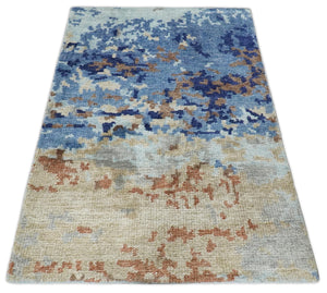 Modern Abstract 2x3 Blue And beige Bamboo Silk Hand Knotted Area Rug