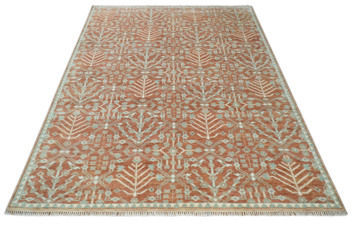 Hand knotted 9.4x12 Rust and Aqua Floral Tree wool Area Rug