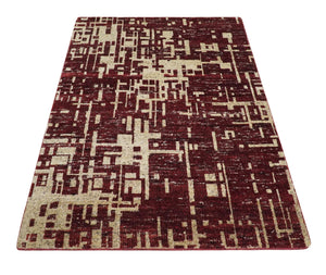 4x6 Hand Knotted Beige and Maroon Modern Abstract  Recycled Silk Area Rug
