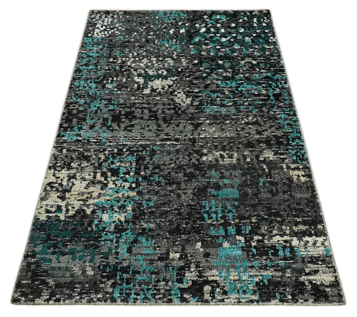 5x8 Hand Knotted Charcoal, Ivory and Blue Modern Abstract  Recycled Silk Area Rug