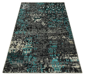 5x8 Hand Knotted Charcoal, Ivory and Blue Modern Abstract  Recycled Silk Area Rug