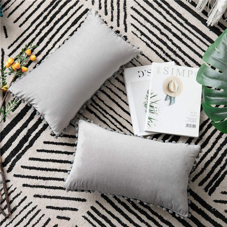 12''x20''-Velvet-Pom-Pom-lumbar-support-Throw-Pillow-|-7-Colors-–-Soft-&-Playful-Ball-Trim-Design-|-Chic-Lumbar-&-Accent-Pillow-|-Insert-Included-Throw-Pillows