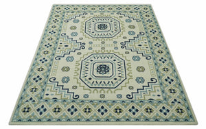 Ivory, Blue and Olive Traditional Mamluk design Custom Made wool area Rug