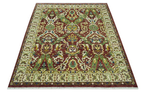 Maroon and Green Hand Knotted Traditional Large Design 8x10 wool area rug