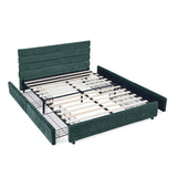 Modern Queen Size Cushioned Bed Frame with Headboard and Drawers - Blue and Green Velvet, 85'x66'x36'