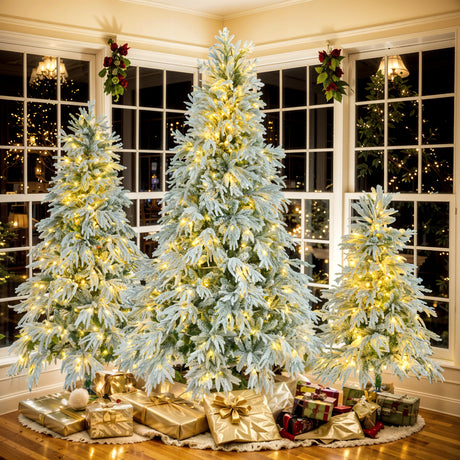 Pre-Lit-Spruce-Snow-Flocked-Christmas-Tree-Set-4FT,-6FT,-7.5FT-Christmas-Trees