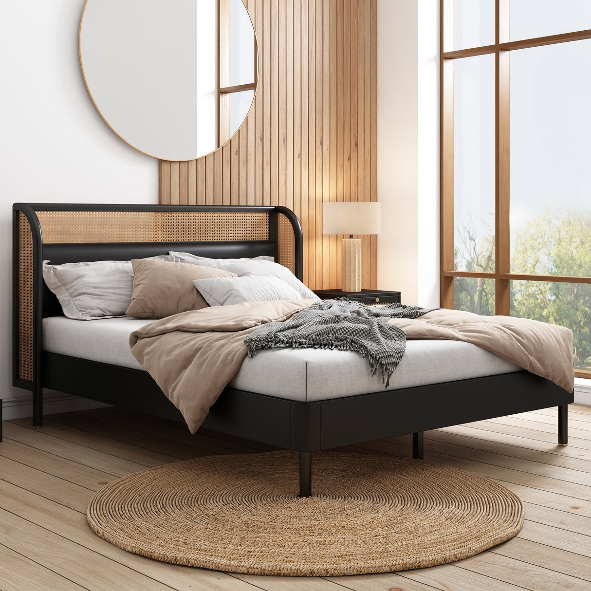 Black Queen Platform Bed with Rattan & PU Leather Headboard