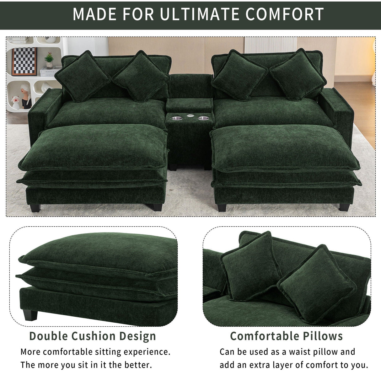 Sectional Sofa Upholstered Sofa With Two Removable Ottoman, Two USB Ports, Two Cup Holders And Large Storage Box For Living Room