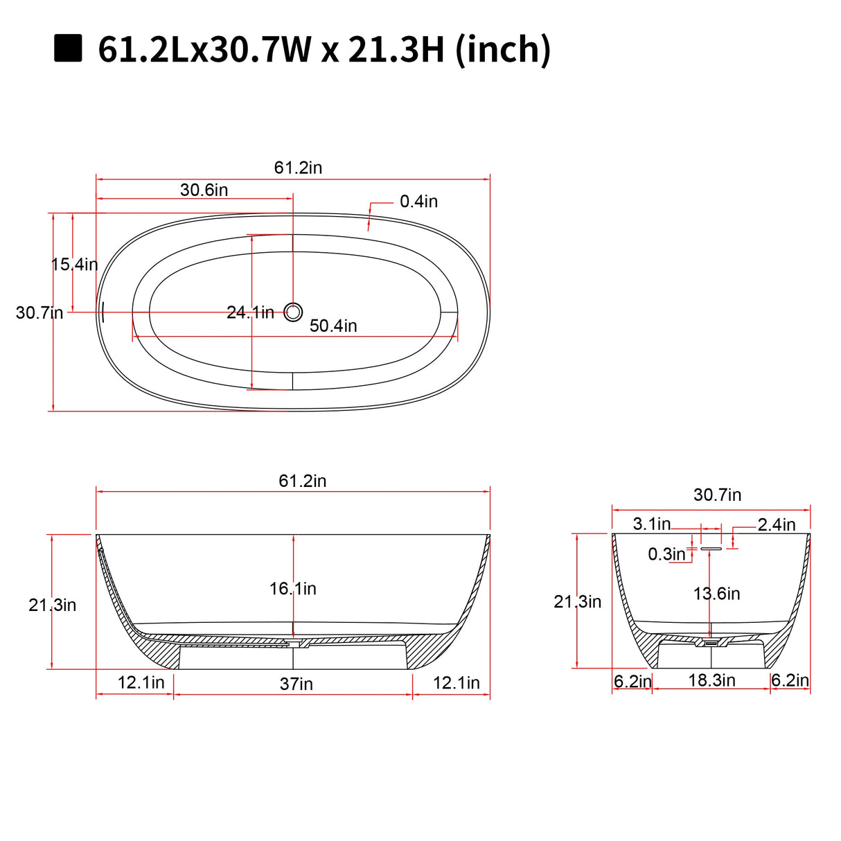 61'' Freestanding Bathtub with Overflow and Pop-up Drain
