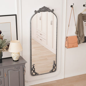 Retro Arched Full Body Mirror with Vintage Carved Applique