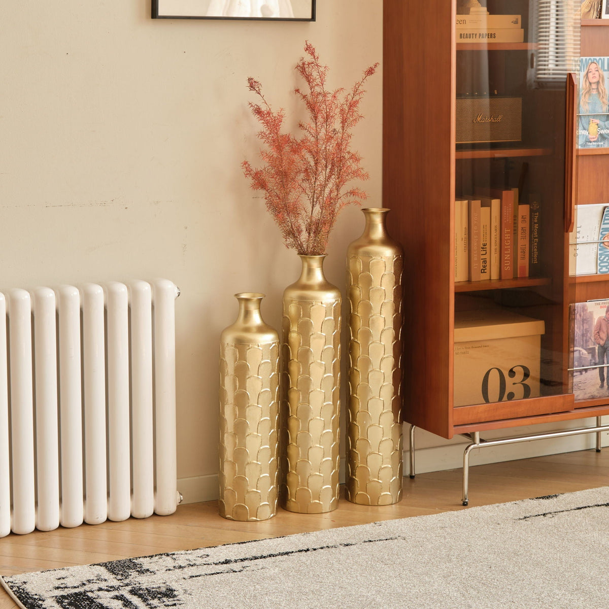 Floor Metal Vases Decorated White Metal Vases (Set of 3) Gorgeous Home Decoration Large Glazed Metal Vases - Golden