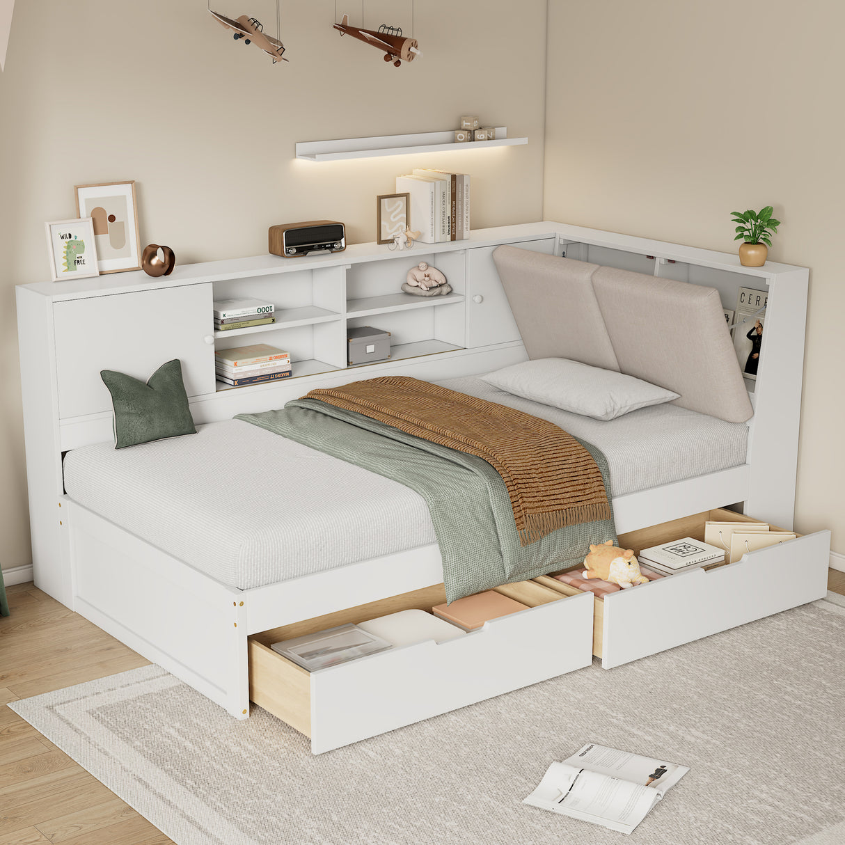 Wooden Full Size L-shaped Daybed Corner Bed Under-bed Drawers  with Storage Bookcase and Upholstered Headboard and USB Charging Ports for Limited Space,White