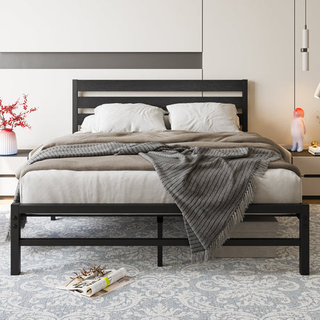 Industrial Platform Bed with Storage and Vintage Wood Headboard-Black