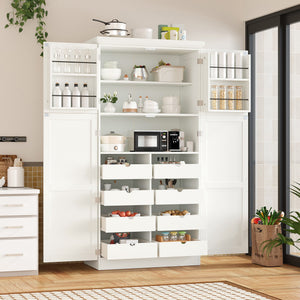 TOPMAX Freestanding Kitchen Pantry Cabinet with 4 Doors and Pull-Out Trays