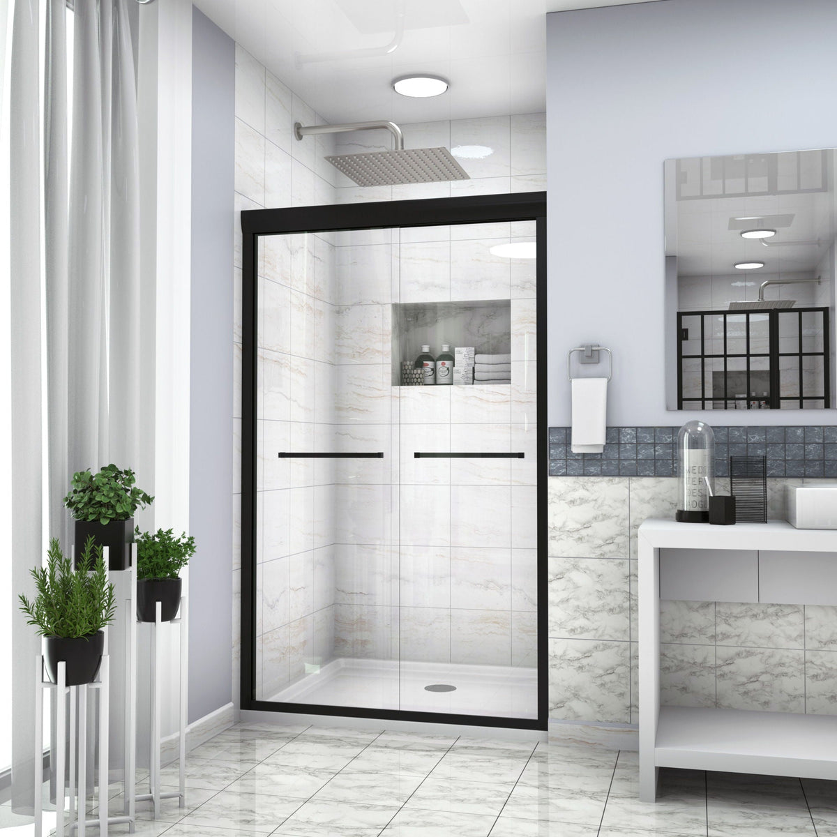 Modern Double Sliding Shower Enclosure with Tempered Glass - Pearl Silver, Gray, Black