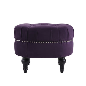 Dawn Tufted Round Ottoman in Purple Velvet with Nailhead Accents