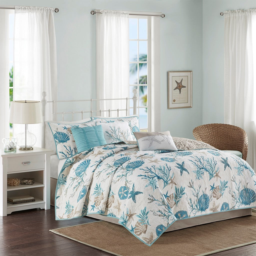 Aqua Cotton Sateen Quilt Set with Throw Pillows - King/Cal King