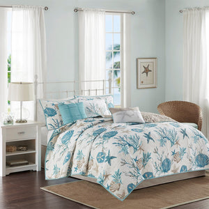 Aqua Cotton Sateen Quilt Set with Throw Pillows - King/Cal King