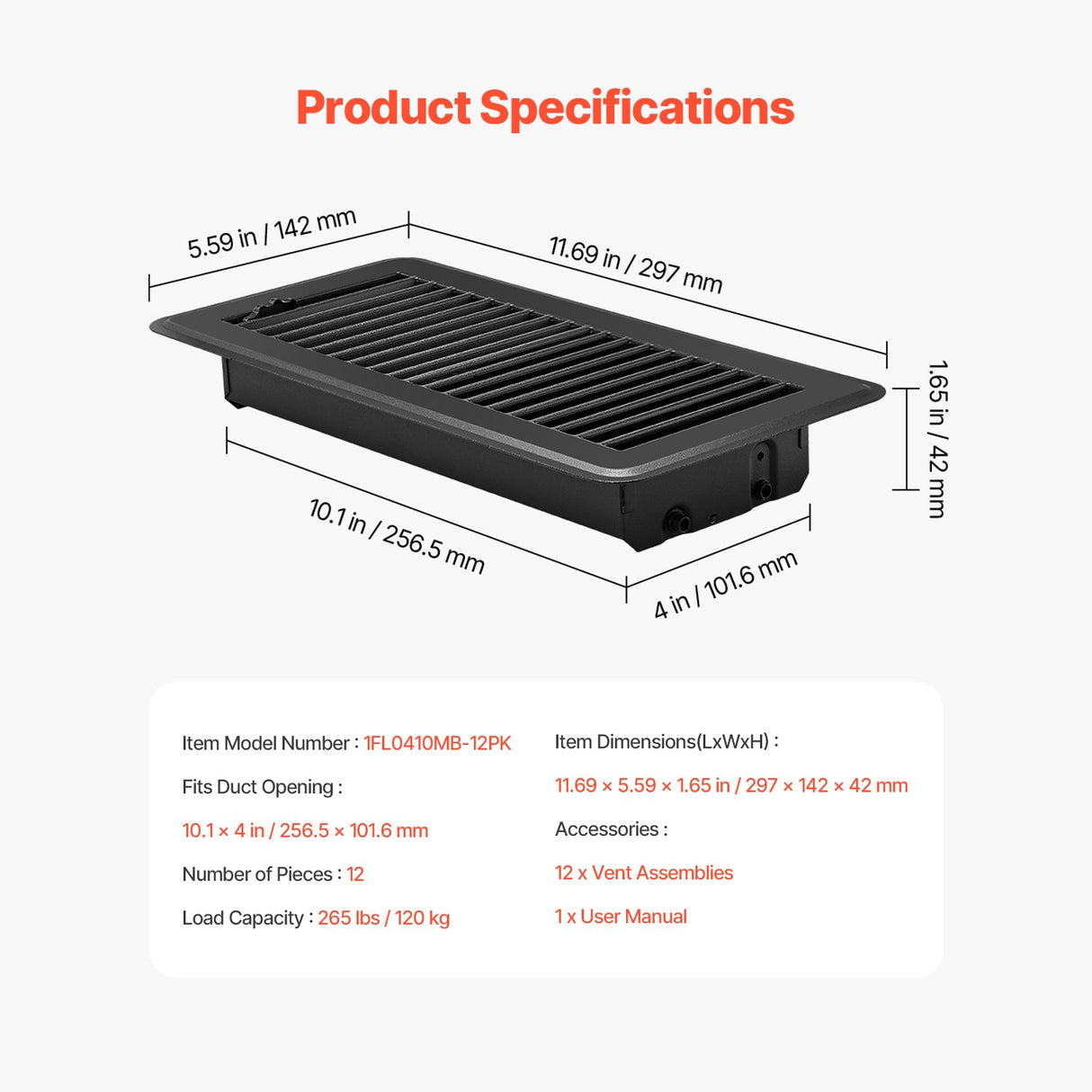 Floor Registers 4 x 10 Inch 12-Pack Iron Floor Vents for HVAC Vent Grilles