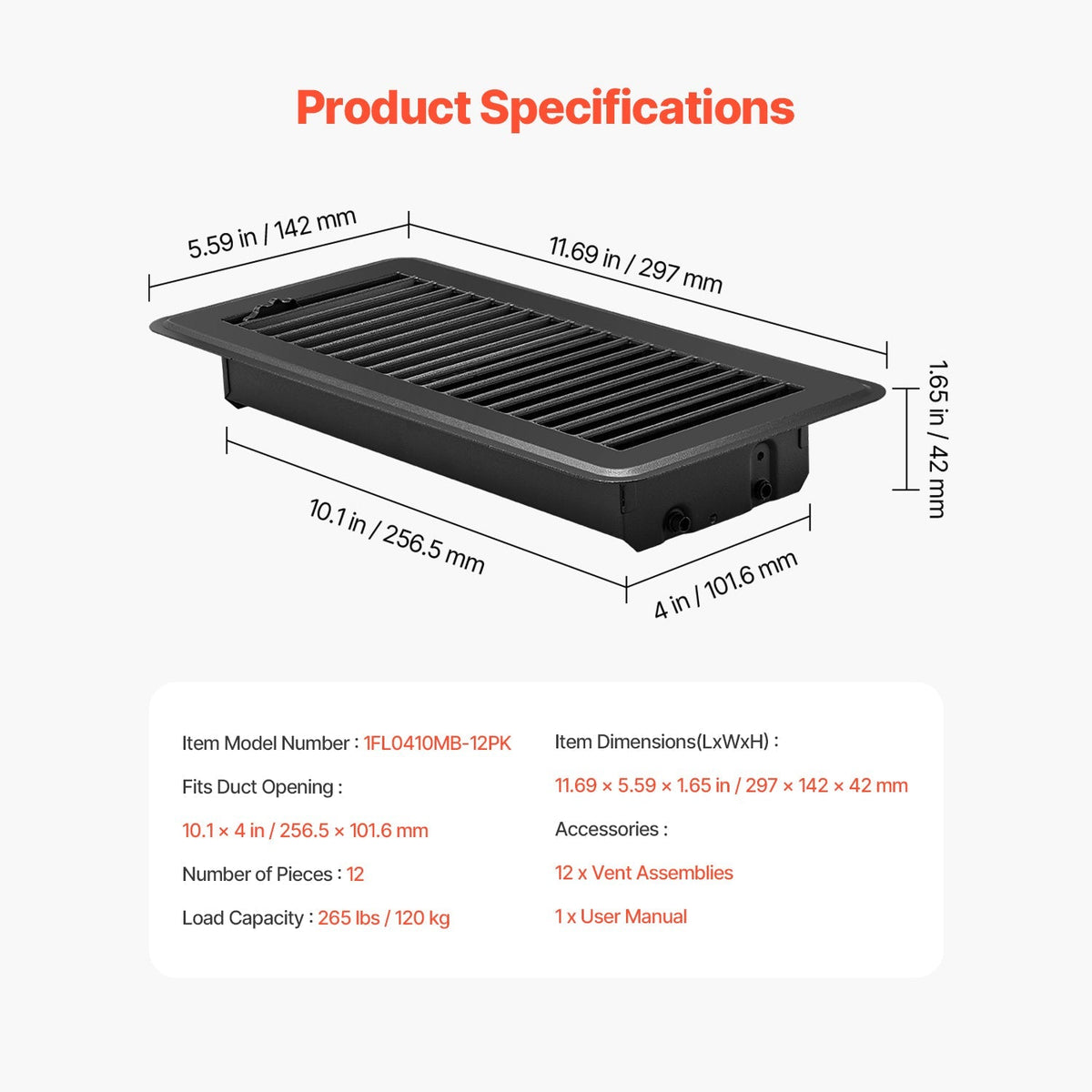 Floor Registers 4 x 10 Inch 12-Pack Iron Floor Vents for HVAC Vent Grilles