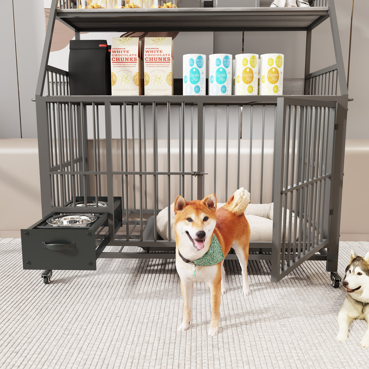 Large pet cage with storage rack, drawers with stainless steel food and water basins (black+smoke gray)