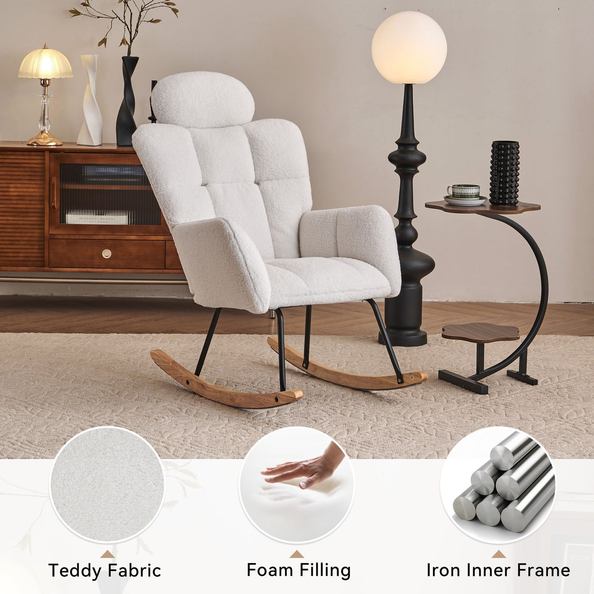 Contemporary Teddy Fabric Upholstered Nursery Rocking Glider Chair with High Backrest and Pillow