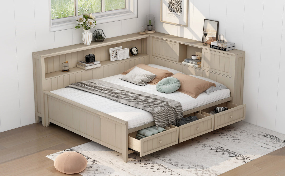 Full Size Wood Daybed with Storage Shelves and 3 Drawers
