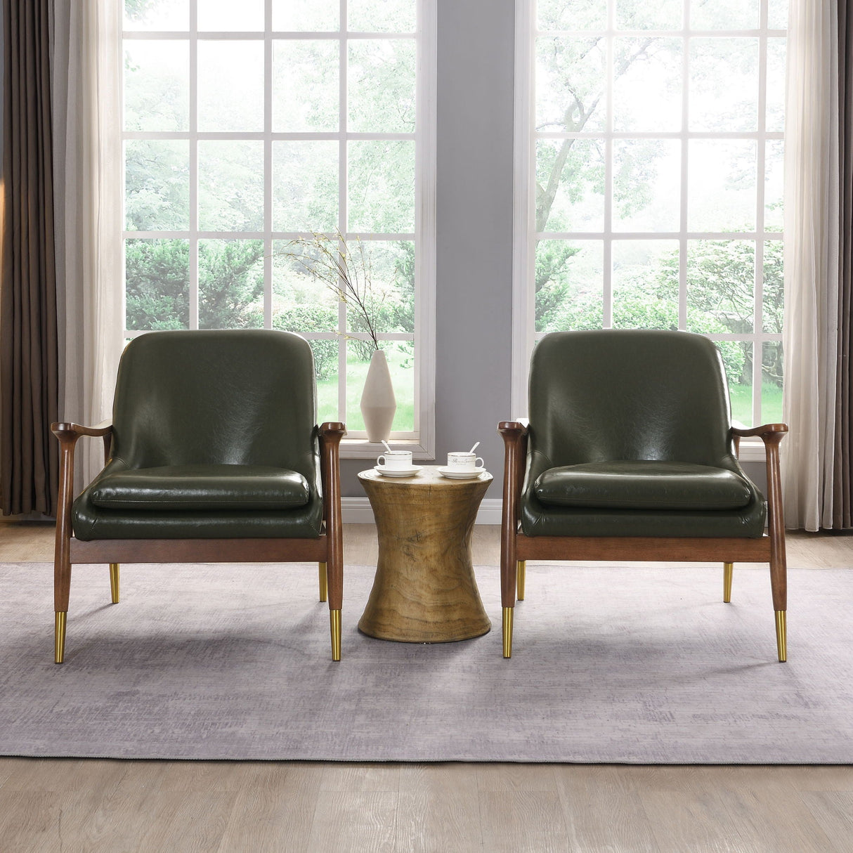 Mid-Century Accent Chair With Cushioned Seat, Brass Tipped Legs