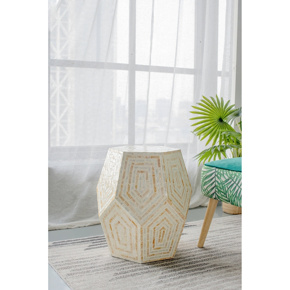 18x18x21'-Hexagonal-Capes-Capiz-Stool,-Cream/Yellow-Vases
