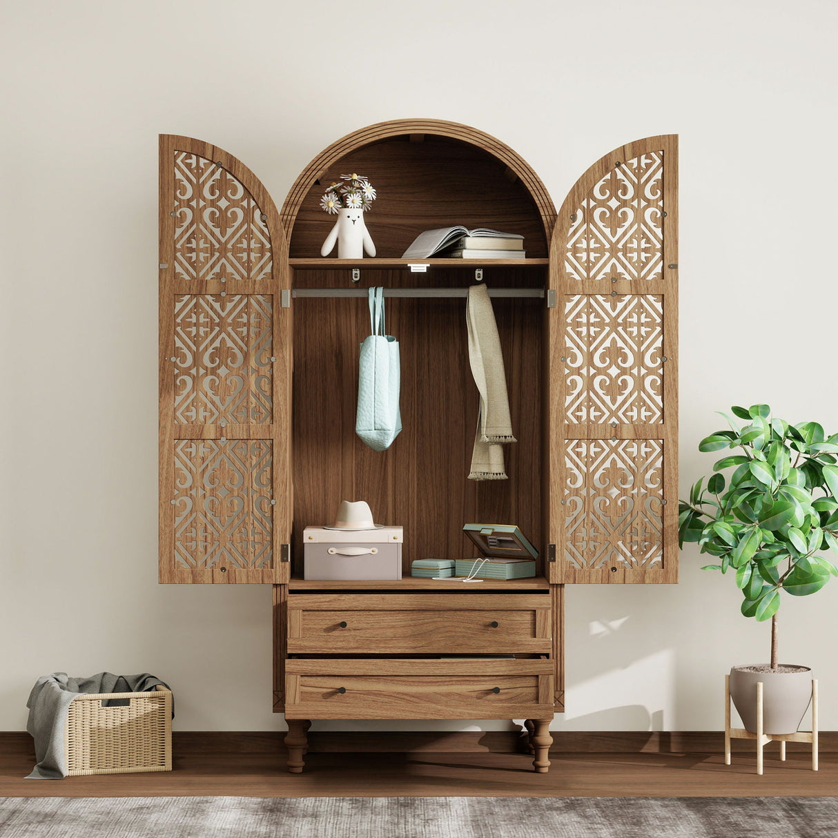 Tall Kitchen Pantry Cabinet With Hollow Carved Doors