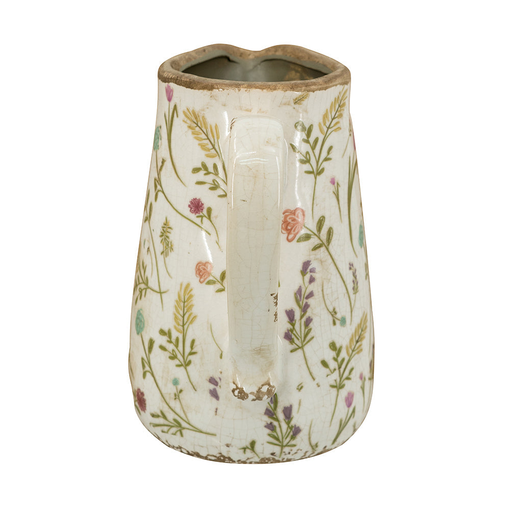 Round Ceramic Pitcher Vase with Floral Motifs - Multicolor