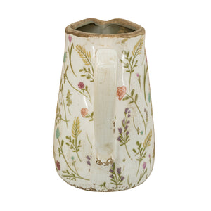 Round Ceramic Pitcher Vase with Floral Motifs - Multicolor