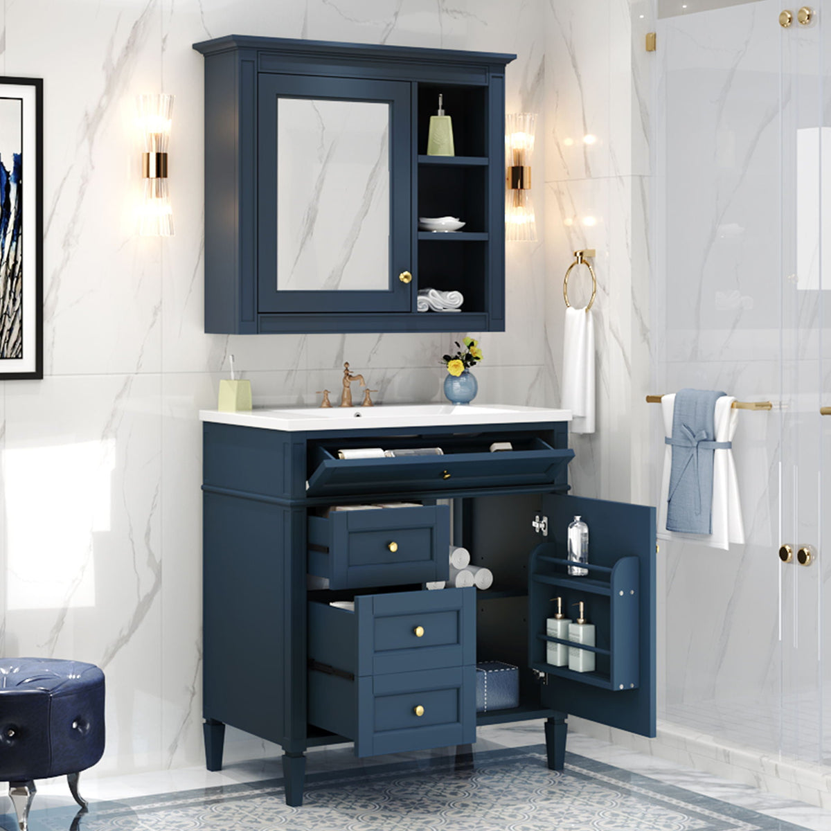 Bathroom Vanity With Medicine Cabinet, Royal Mirror Cabinet, Modern Bathroom Storage Cabinet With 2 Soft Closing Doors And 4 Drawers