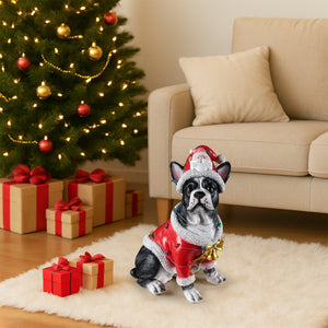 Christmas French Bulldog Statue, Holiday Dog Figurine in Santa Outfit