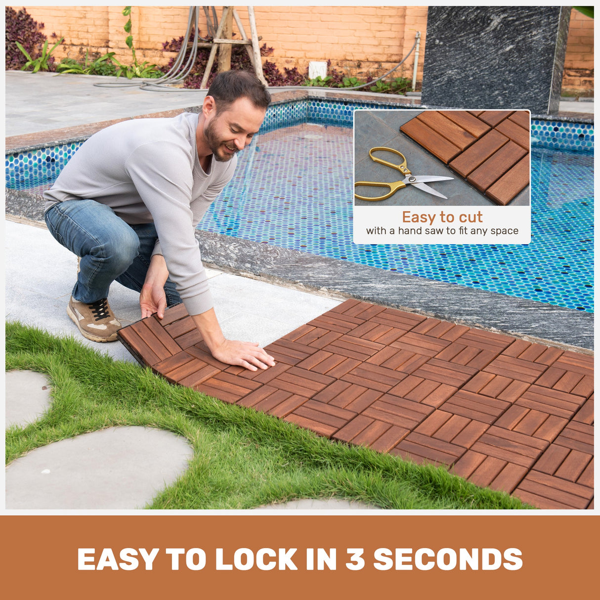 Acacia Wood Interlocking Deck Tiles - Checker Pattern