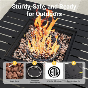Outdoor 2 In 1 Propane Fire Pit Table With Dual Burners, Lava Rocks And Waterproof Cover - Black