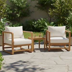 Acacia Wood Outdoor Set: 2 Club Chairs and Rustic Slat Side Table