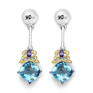 5.55 Carat Genuine Blue Topaz, Amethyst & White Diamond .925 Sterling Silver Earrings
