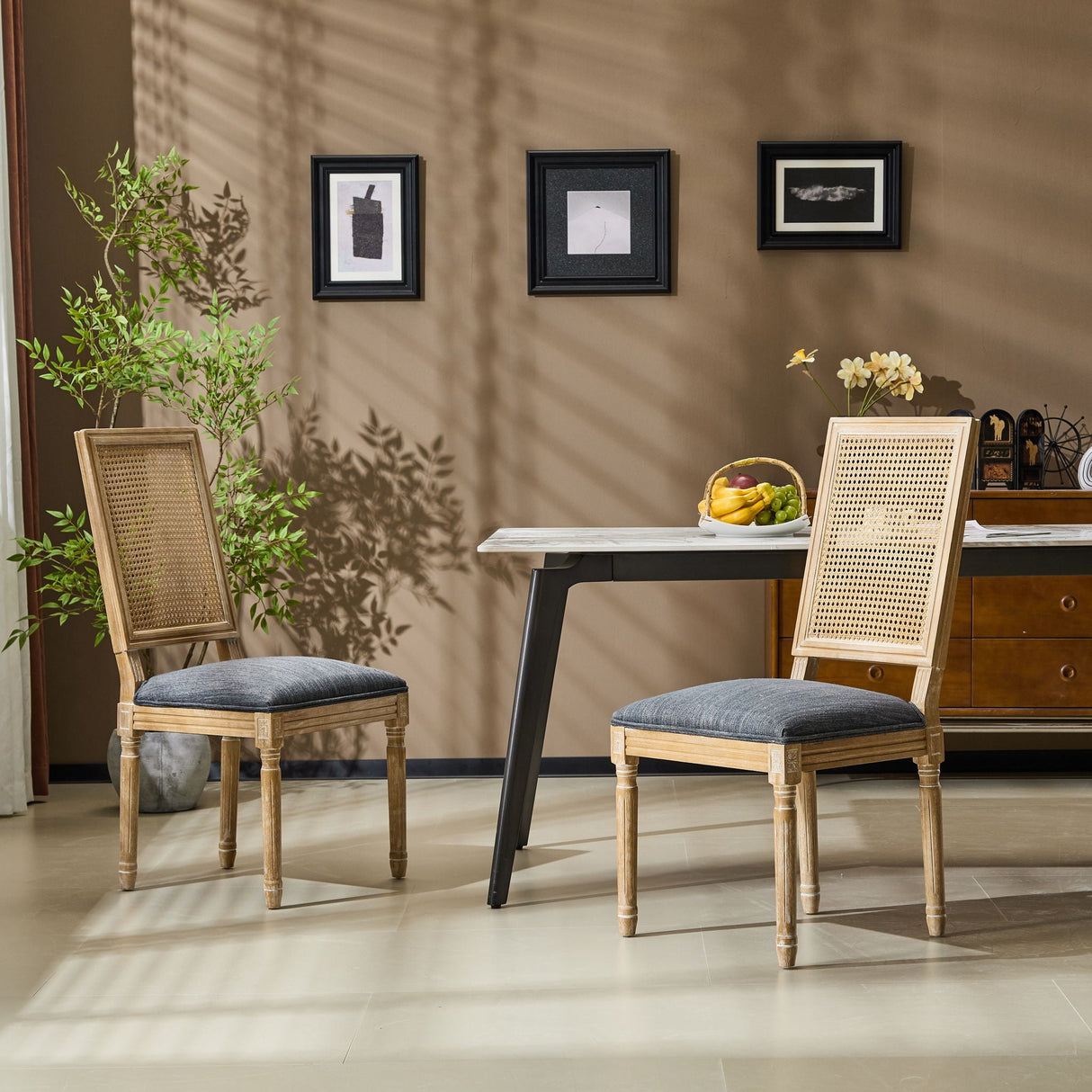 French Country Dining Chair With Rectangular Cane Backrest And Smooth Upholstered Seating