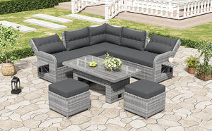 Outdoor Furniture Set Patio Rattan Furniture with Adjustable Table, Recliners, Side Tables, Ottomans