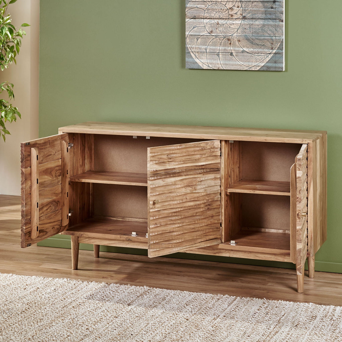 Boho Handcrafted 3 Door Sideboard, Carved Texture & Artisanal Charm - Natural