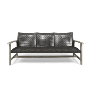 Outdoor Acacia Wood Wicker 3-Seater Sofa, Patio Furniture Conversation Set for Backyard
