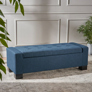 Empower Button Tufted Waffle Upholstered Storage Ottoman with Wood Legs - Navy Blue