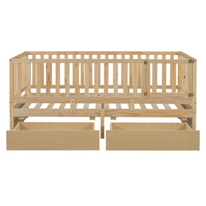 Daybed With Fence Guardrails And 2 Drawers, Split Into Independent Floor Bed & Daybed