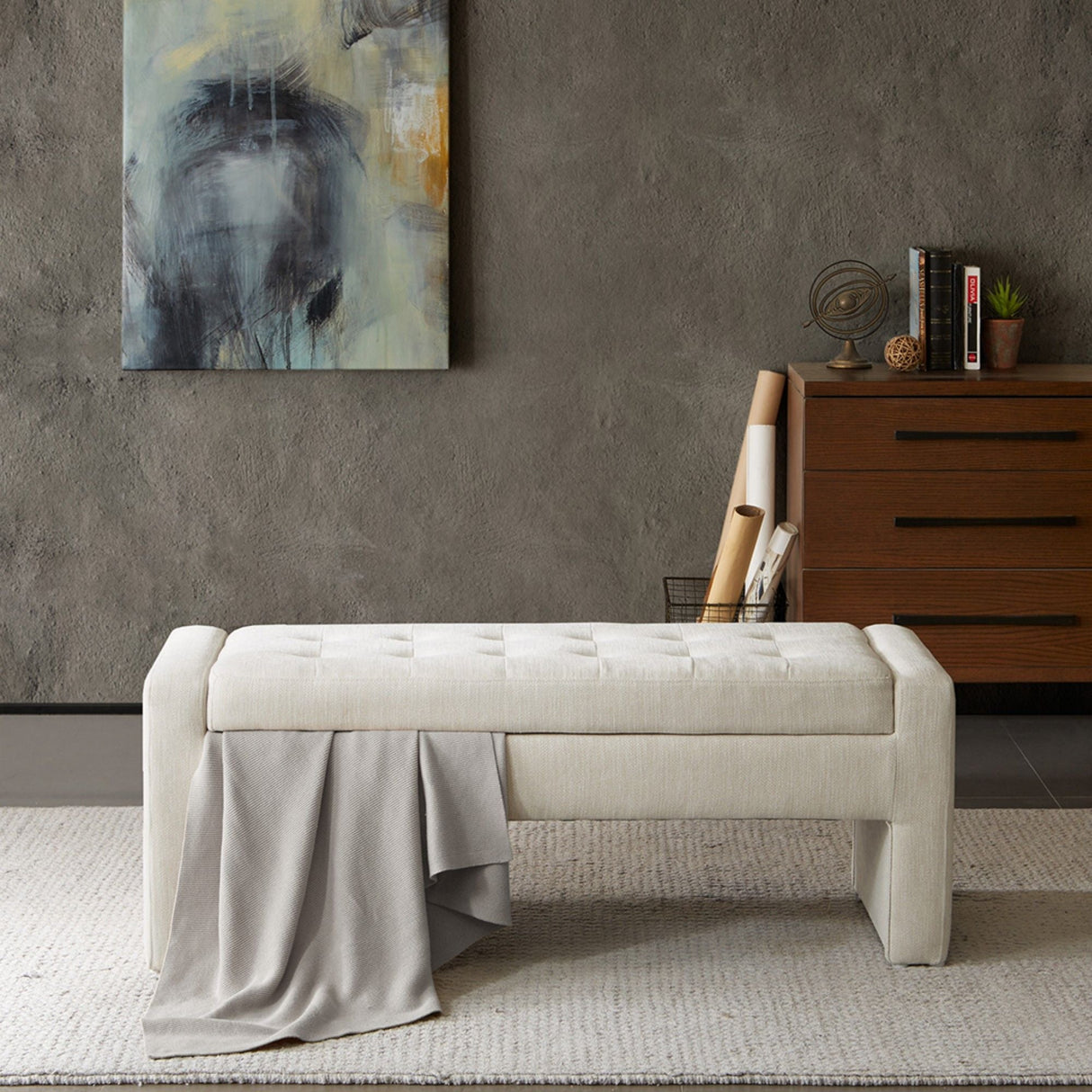 Elegant Soft Close Storage Bench Polyester Upholstery - Cream