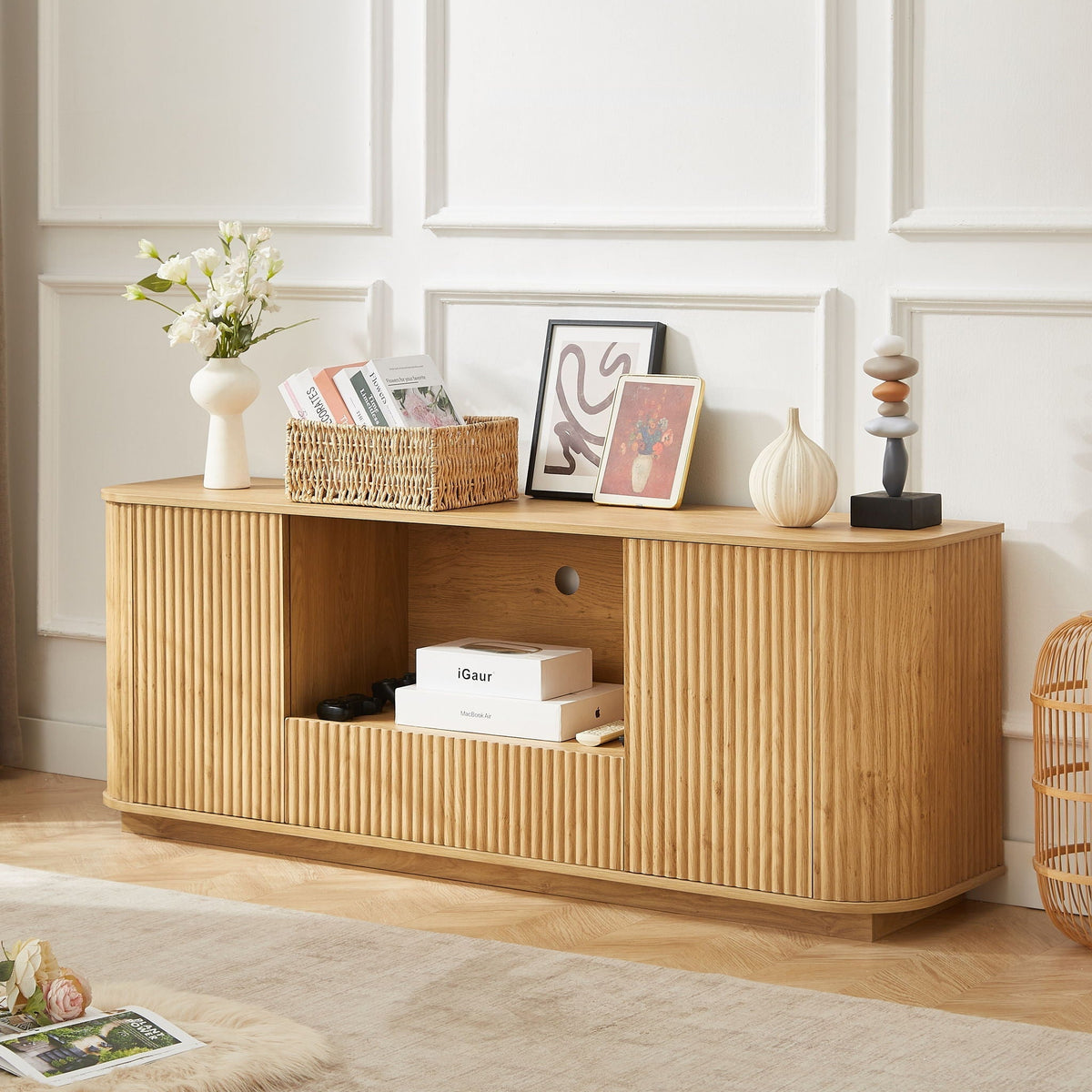 Modern Wavy TV Stand Rounded Sideboard With Storage Cabinet