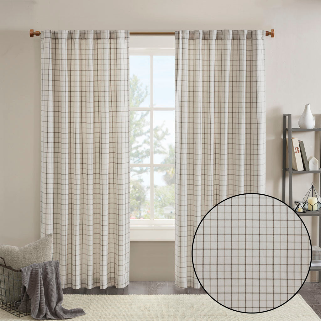 Plaid rod pocket and back tab curtain panel with fleece lining