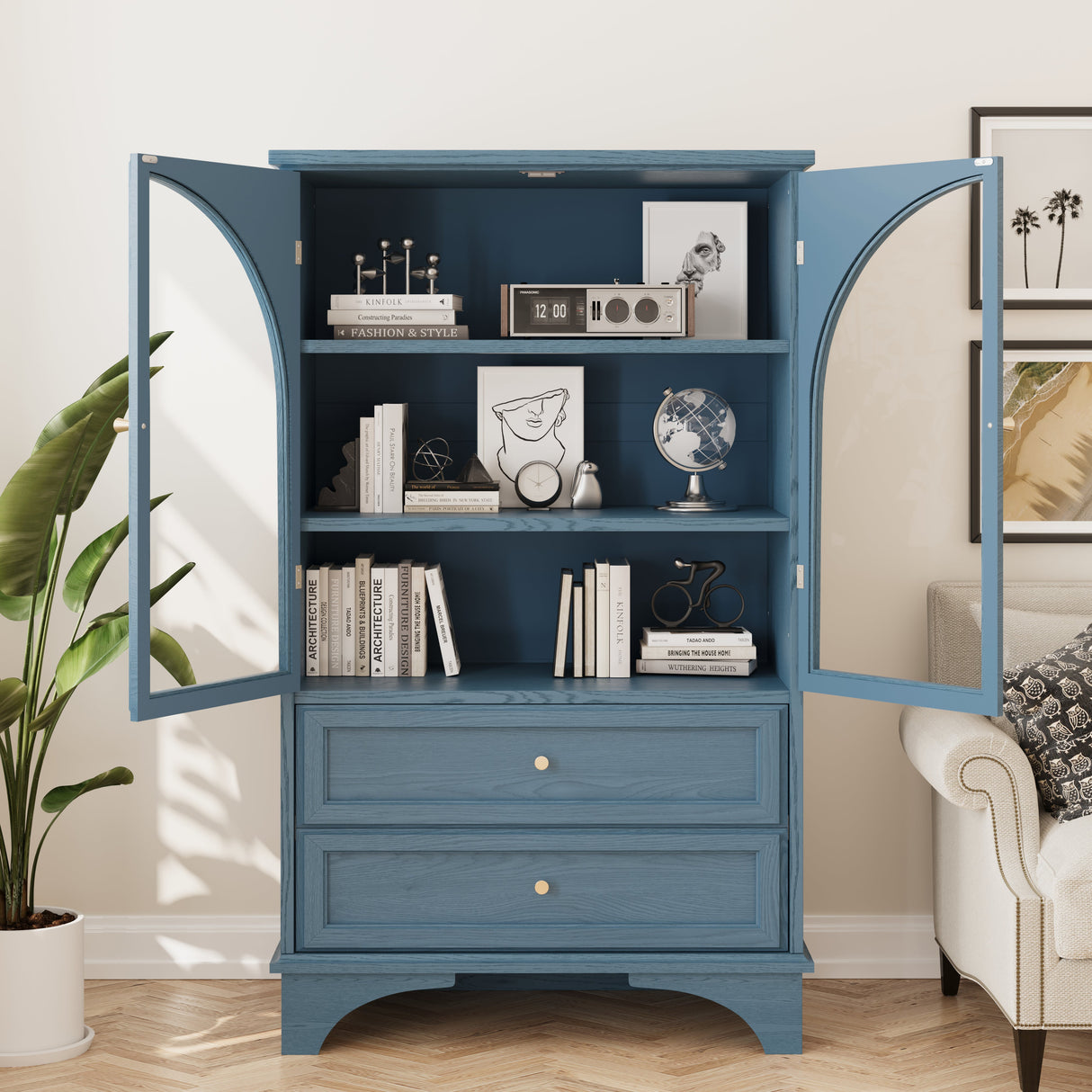 52.17"H Glass Door Display Case Storage Cabinet with 2 Drawers and Adjustable Shelf