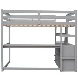 Modern Loft Bed With Built In Desk, Shelves, And 2 Drawers