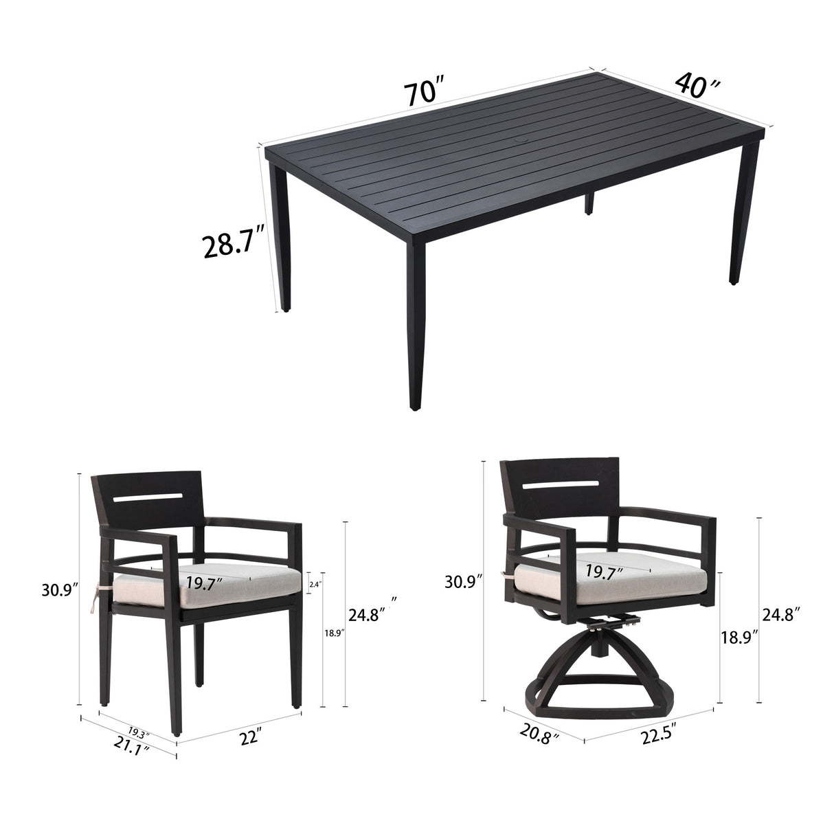 7-piece outdoor patio aluminum furniture, modern dining set, ember black